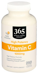 365 Vitamin C 1000mg bottle label, presenting a high-potency option for daily antioxidant support.