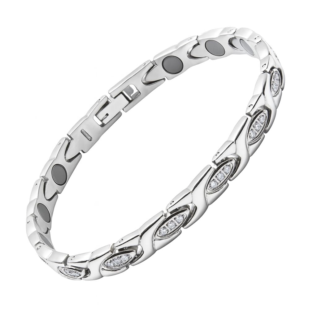 38 elegant titanium magnetic bracelet for women, silver with zircon sparkle.