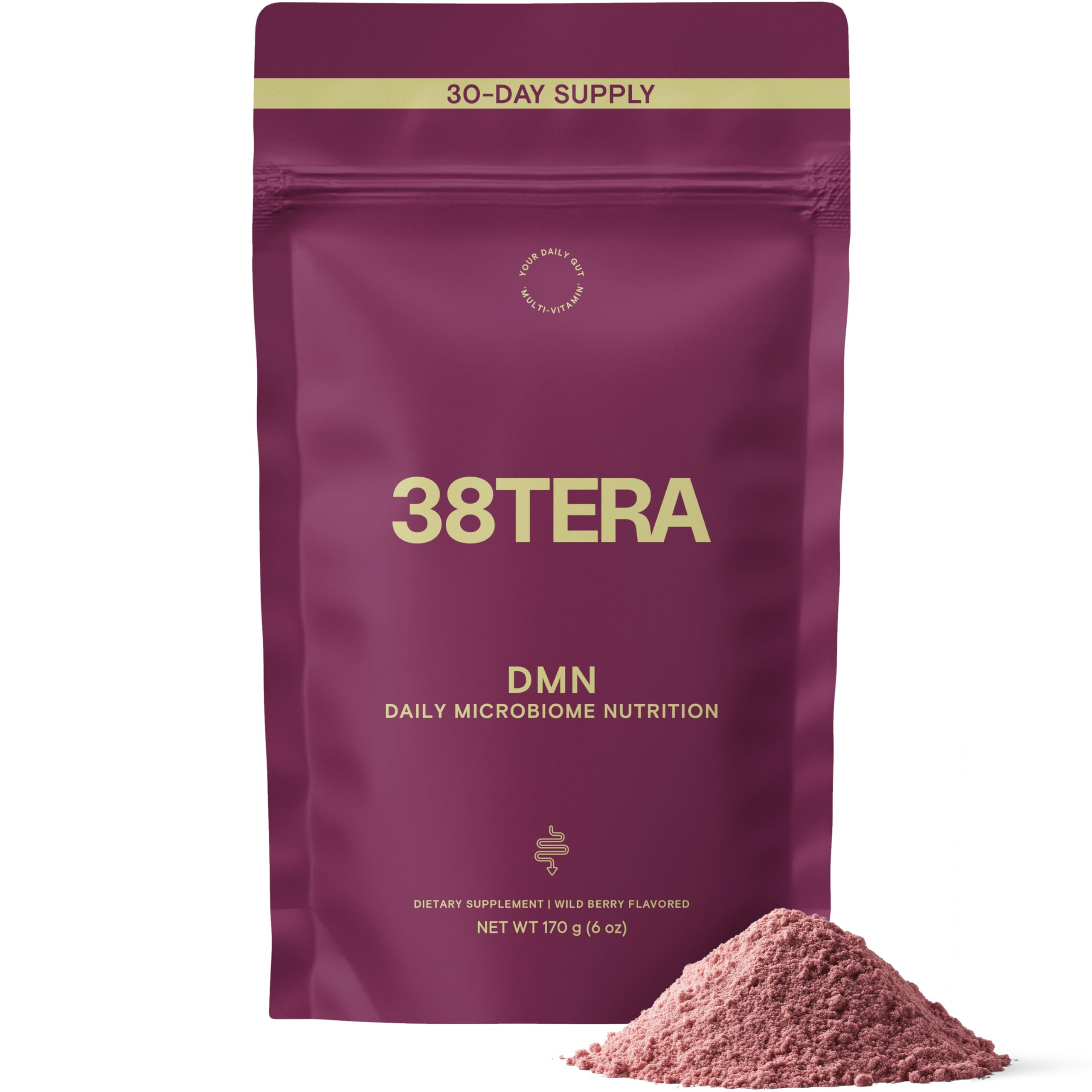 38TERA DMN bottle front view highlights daily microbiome support in a vegan formula.