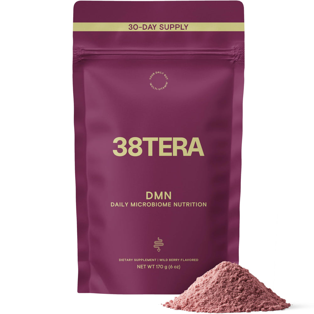 38TERA DMN bottle front view highlights daily microbiome support in a vegan formula.