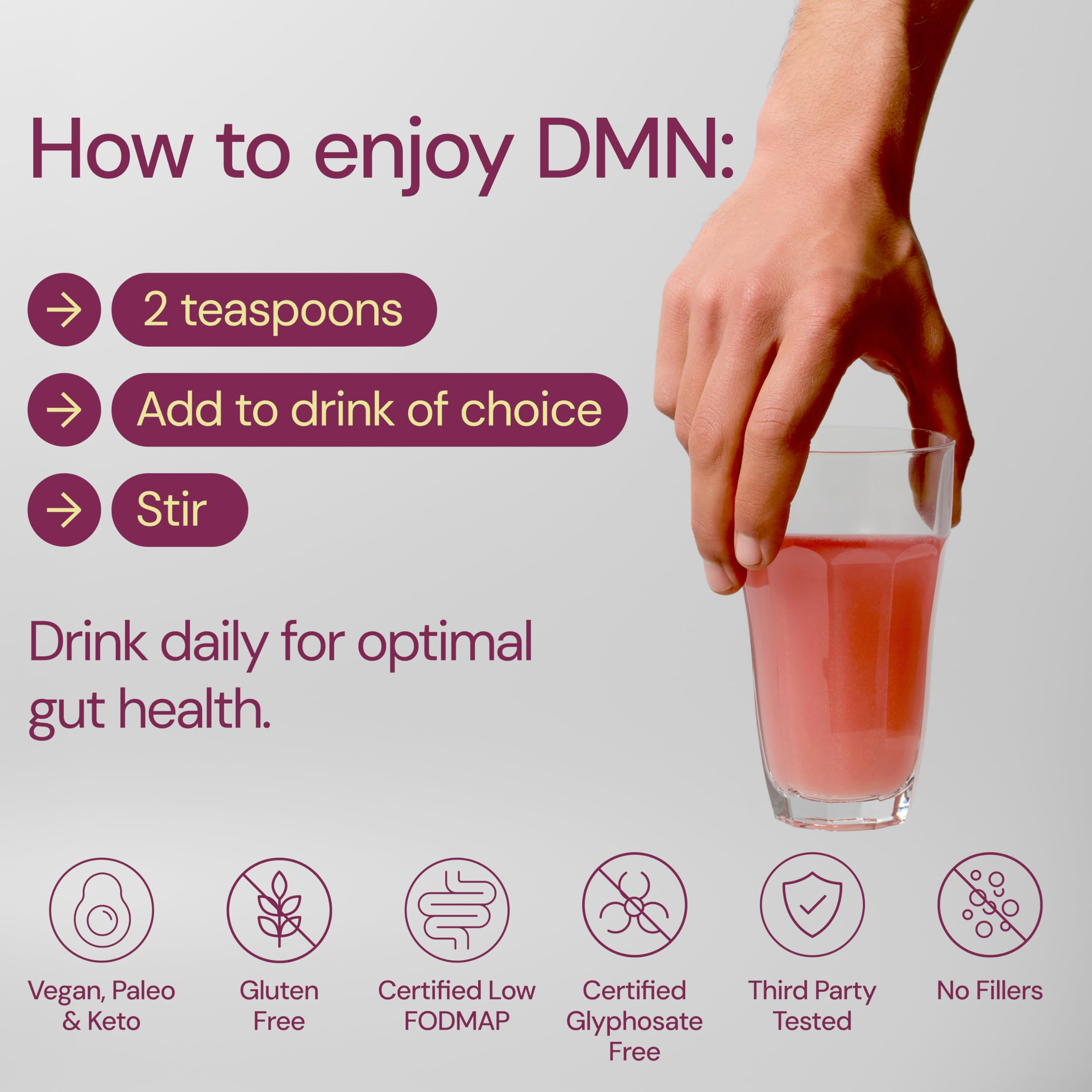 38TERA DMN label emphasizes low FODMAP and vegan formula for diverse diets.