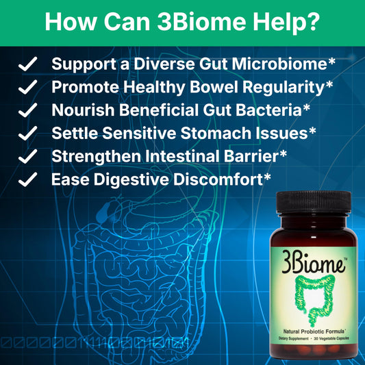 Closeup of 3Biome label highlighting non-GMO, vegan, gluten-free claims.