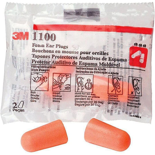 Rolled-down 3M 1100 earplugs ready for quick insertion and a snug fit.