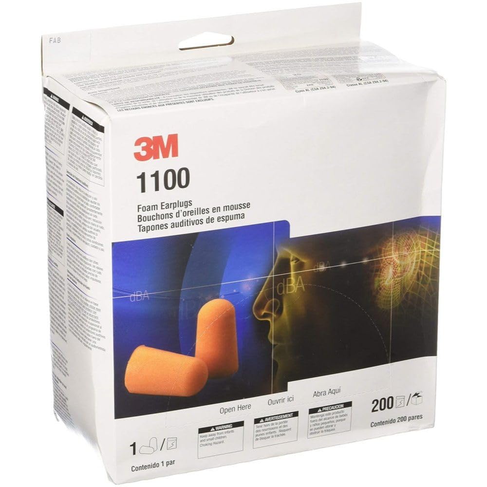 3M 1100 earplugs shown with earmuffs for enhanced protection in loud environments.