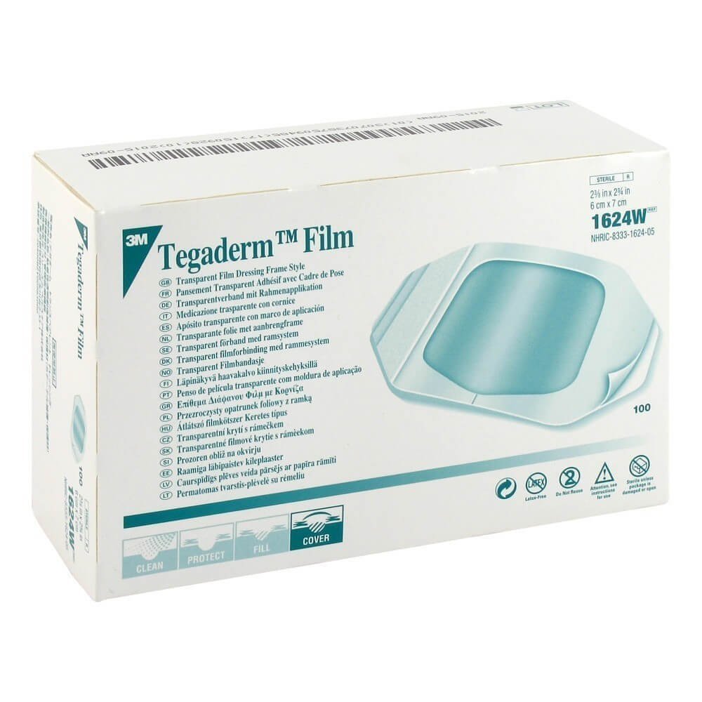3M Tegaderm 1624W box 100-pack showcasing sterile dressings for catheter sites