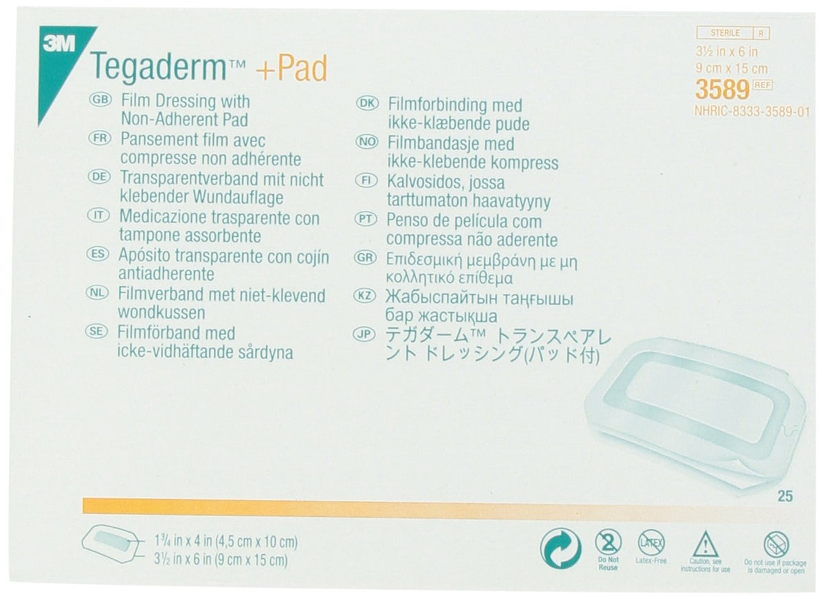 3M Tegaderm film dressing with transparent film barrier for wound protection and shower-friendly wear.