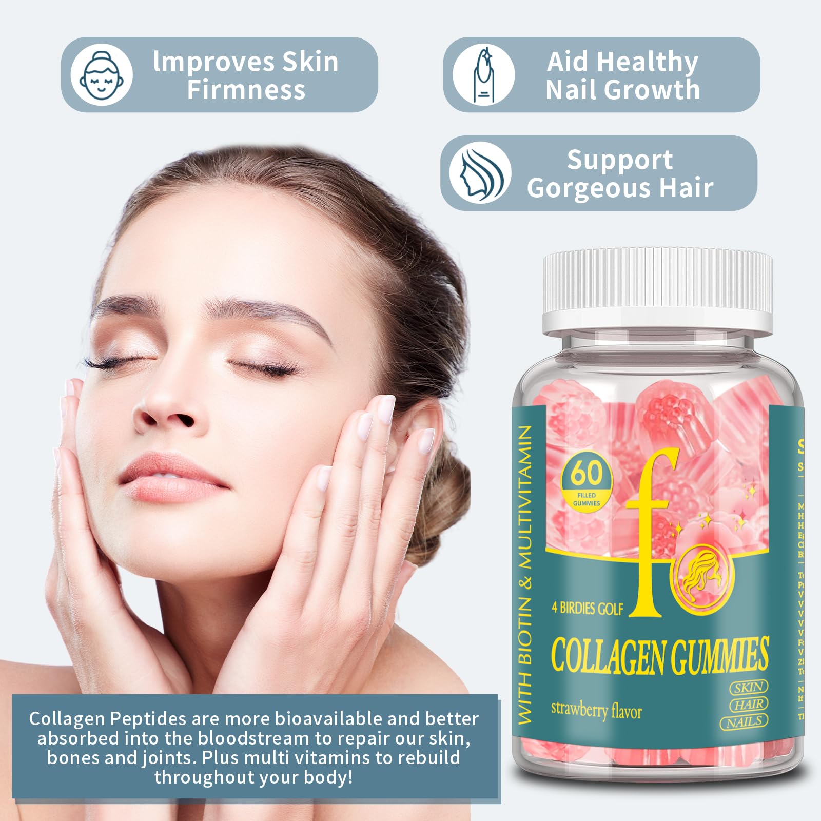 Hydrolyzed collagen peptides types I-V-X for joints and mobility.