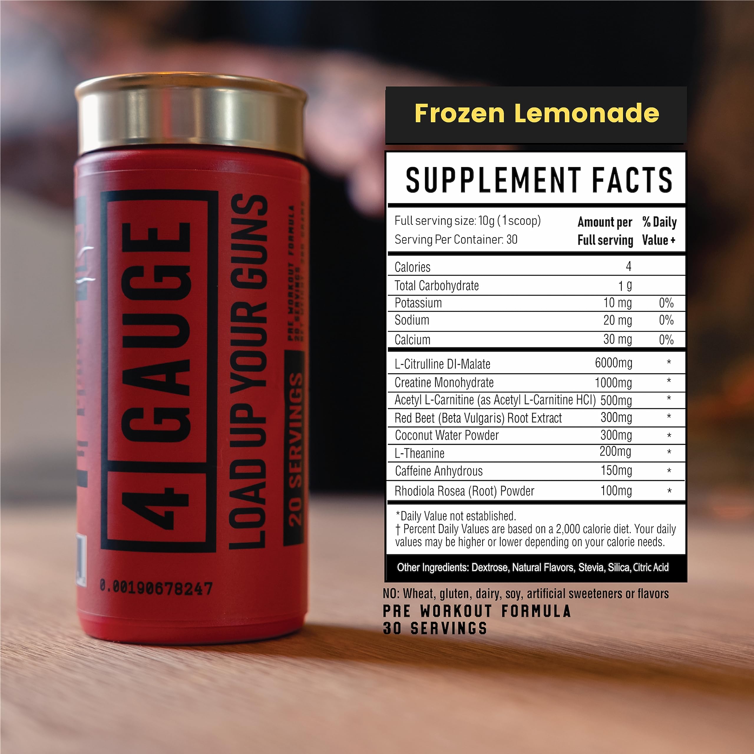 4 Gauge Natural Preworkout mixed in water with lemon flavor profile
