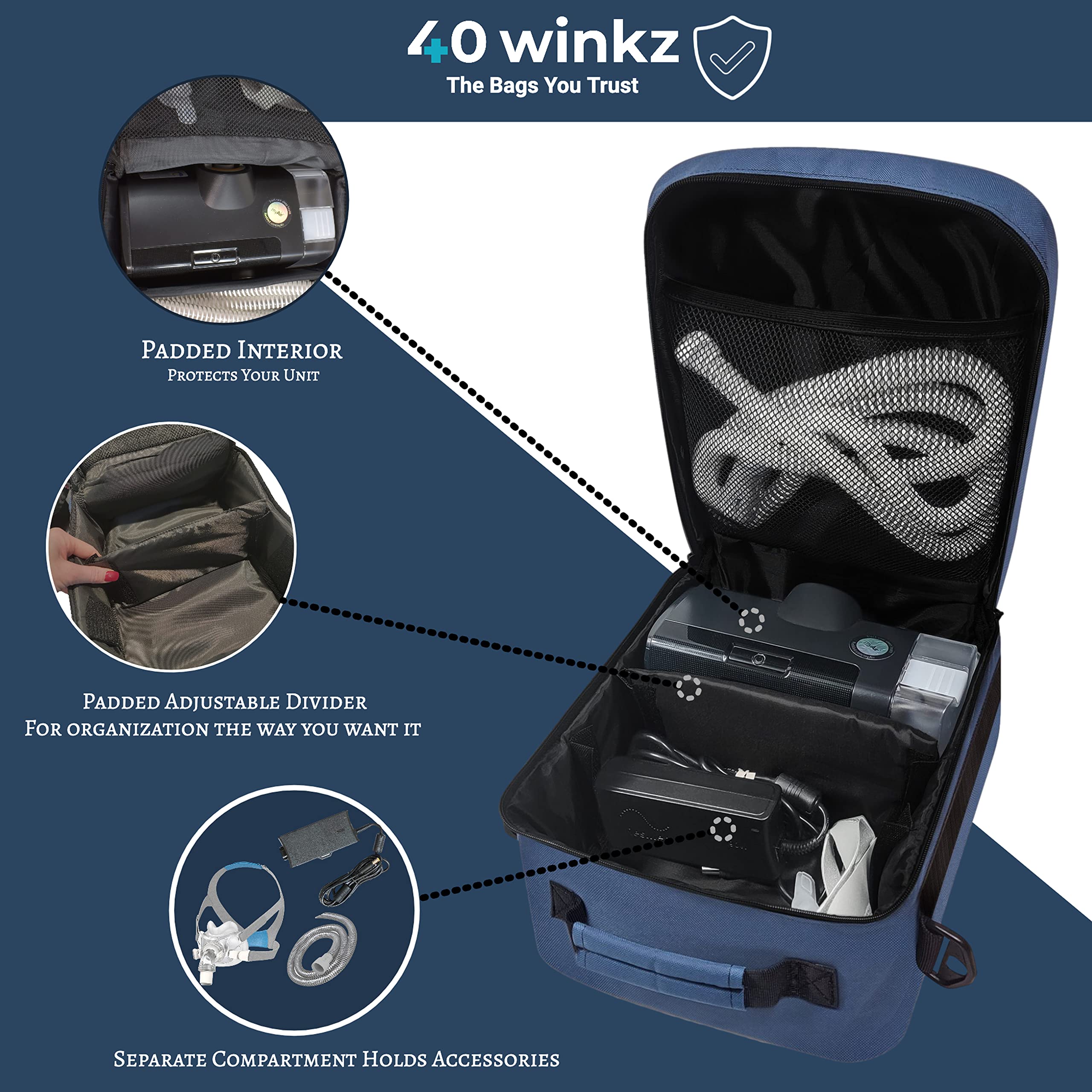 Front pocket of the 40Winkz CPAP travel bag for quick access to small items