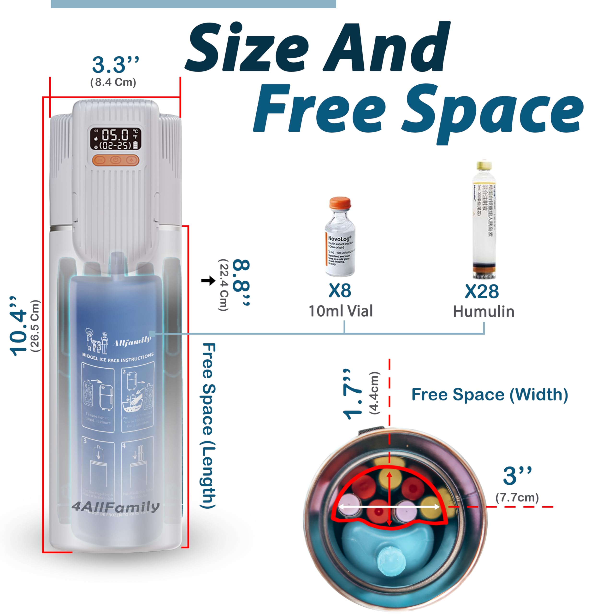 4allfamily Nomad Big PRO insulin cooler, open with digital display showing temperature.