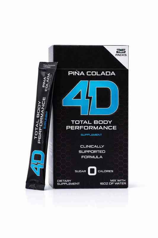 4D Clean Energy Pina Colada packets ready for on-the-go hydration and focus.