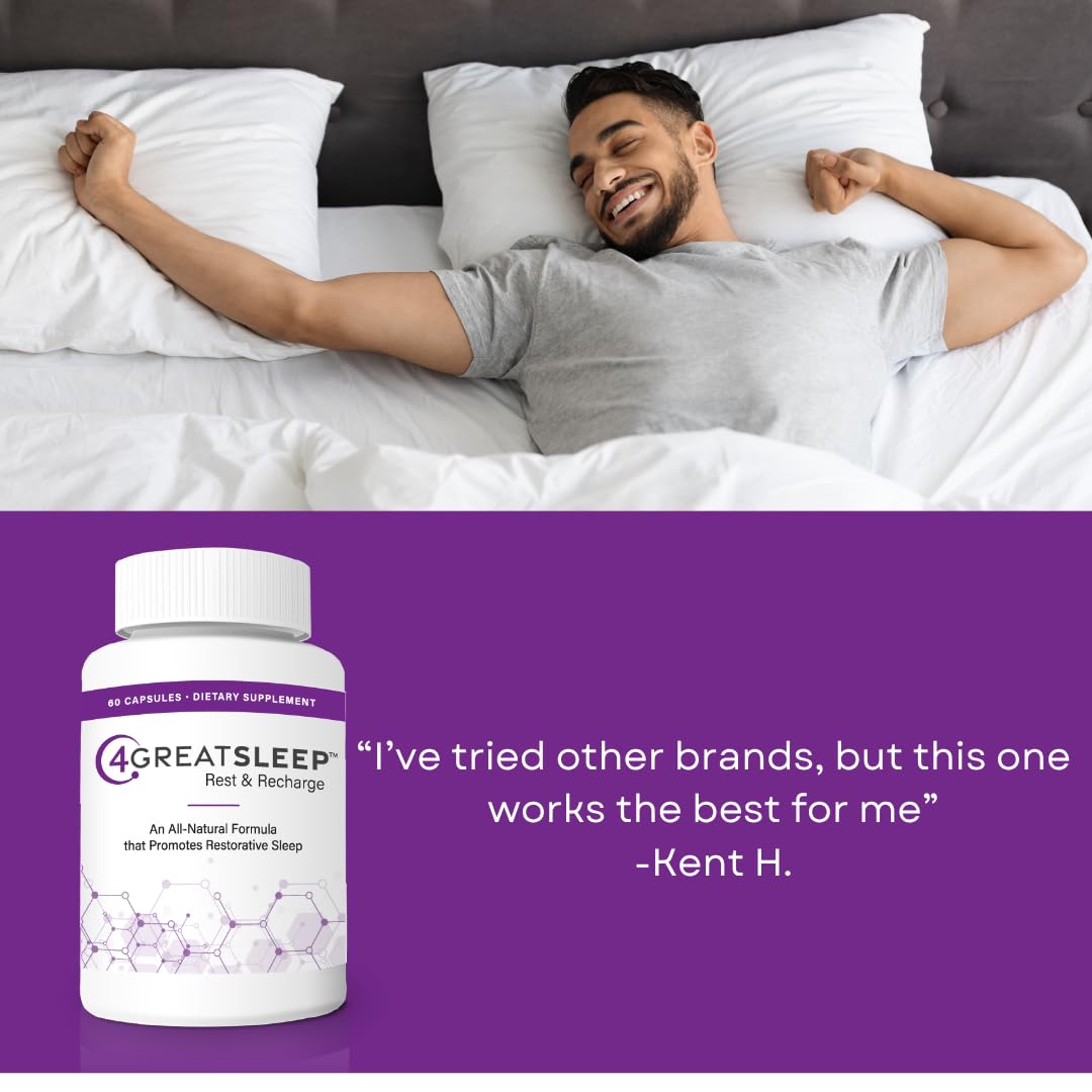 Capsules close-up from 4GREATSLEEP suggesting trusted, drug-free relaxation aid.