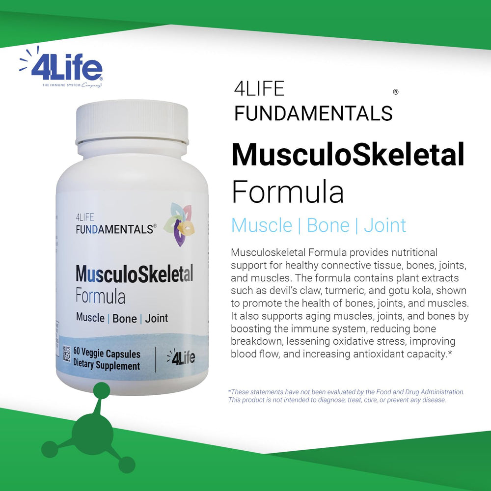 4Life Musculoskeletal Formula capsules closeup emphasizing easy daily supplementation