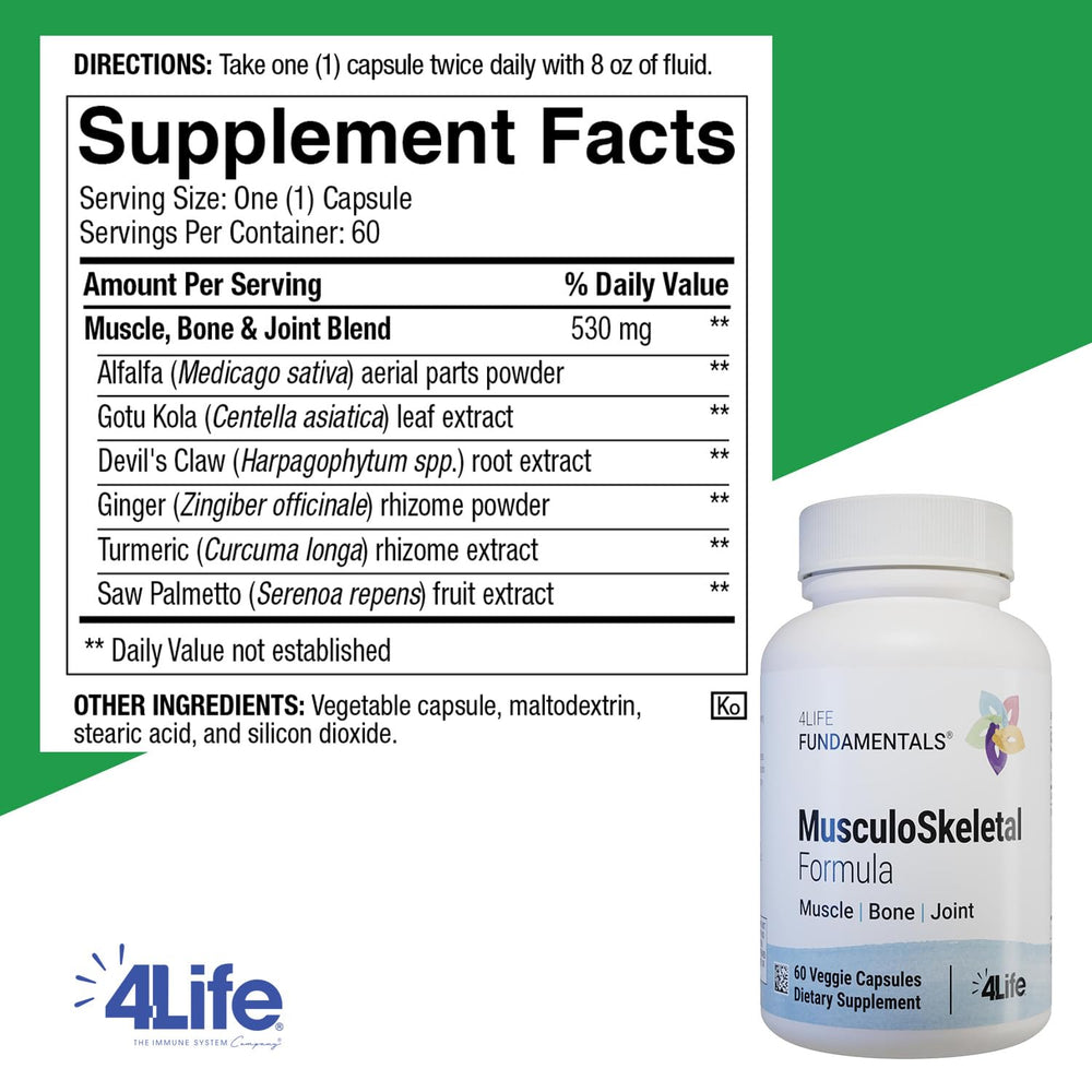 4Life Musculoskeletal Formula ingredients devils-claw and turmeric highlighted for joint comfort potential