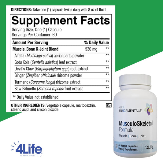 4Life Musculoskeletal Formula ingredients devils-claw and turmeric highlighted for joint comfort potential