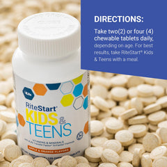 4Life RiteStart Kids bottle highlights 22 vitamins and minerals for daily nutrition.