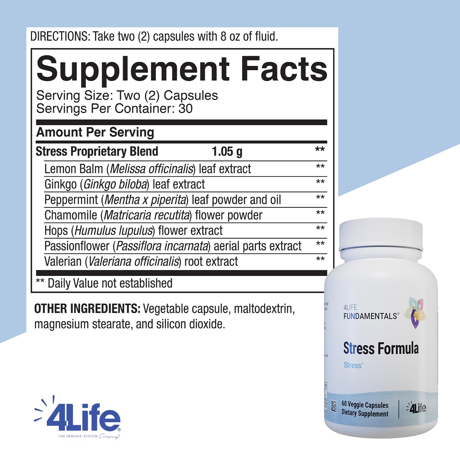 4Life Stress Formula bottle with ingredient label highlighting lemon balm