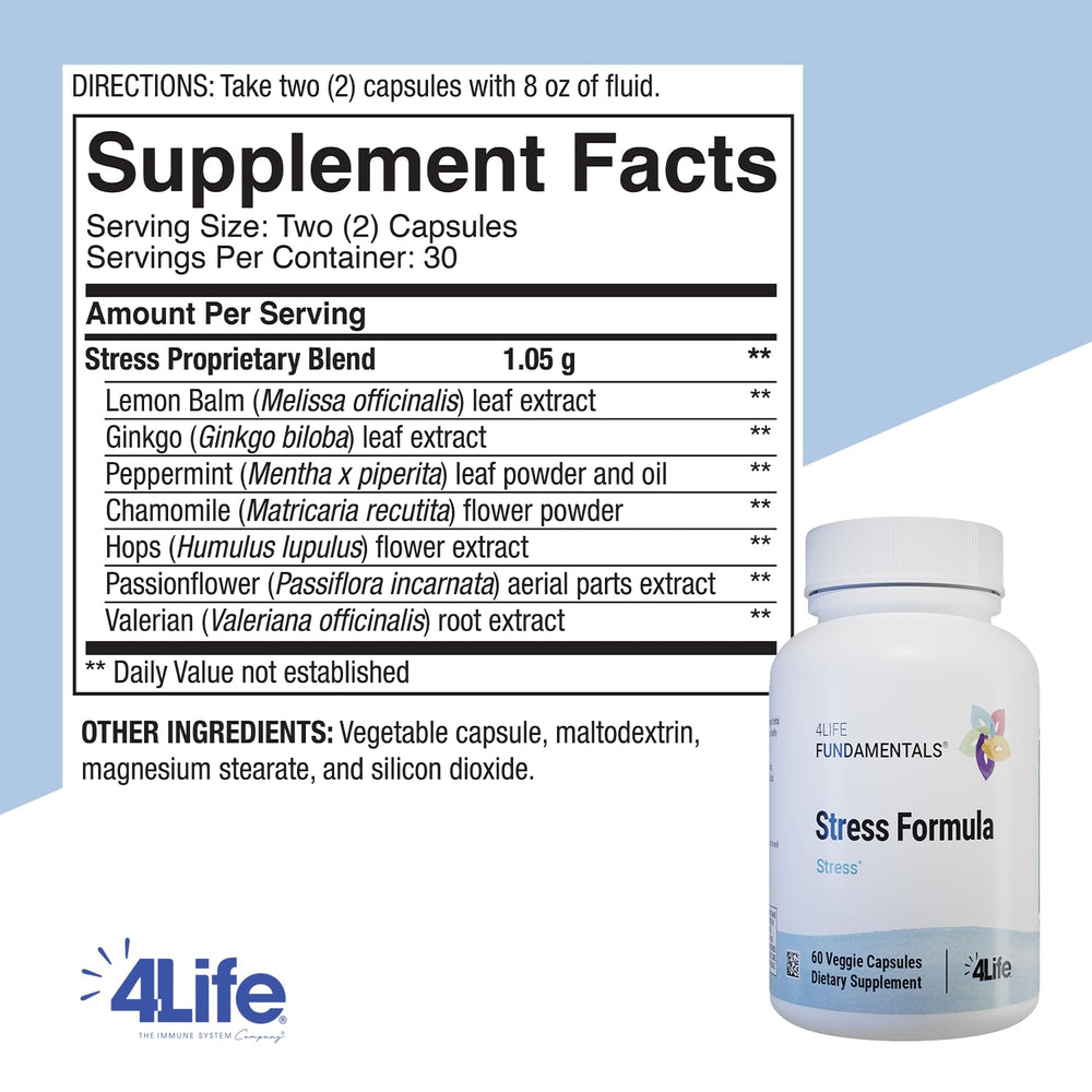 4Life Stress Formula bottle with ingredient label highlighting lemon balm