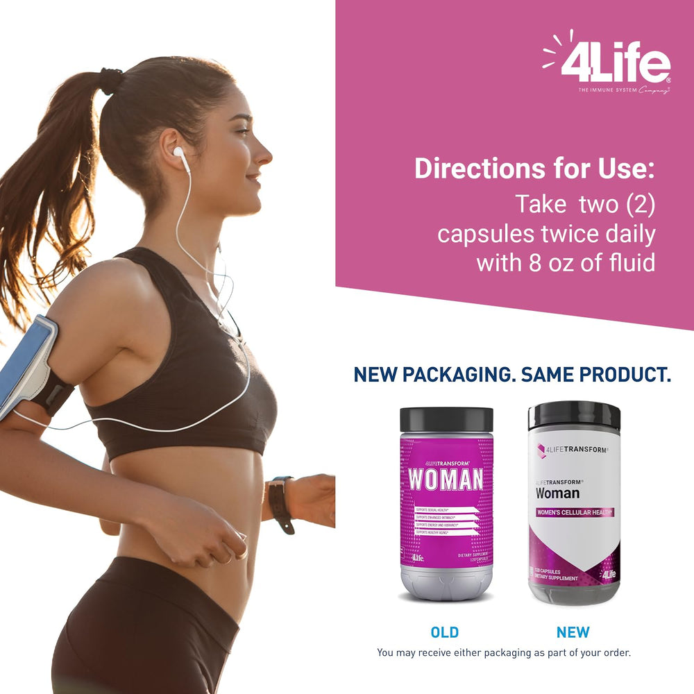 4Life Transform Woman vegetable capsules offer convenient plant-based daily use.