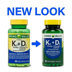 Close-up of 4 TOP CARE capsules showing vegetarian vitamin K2 and D3.