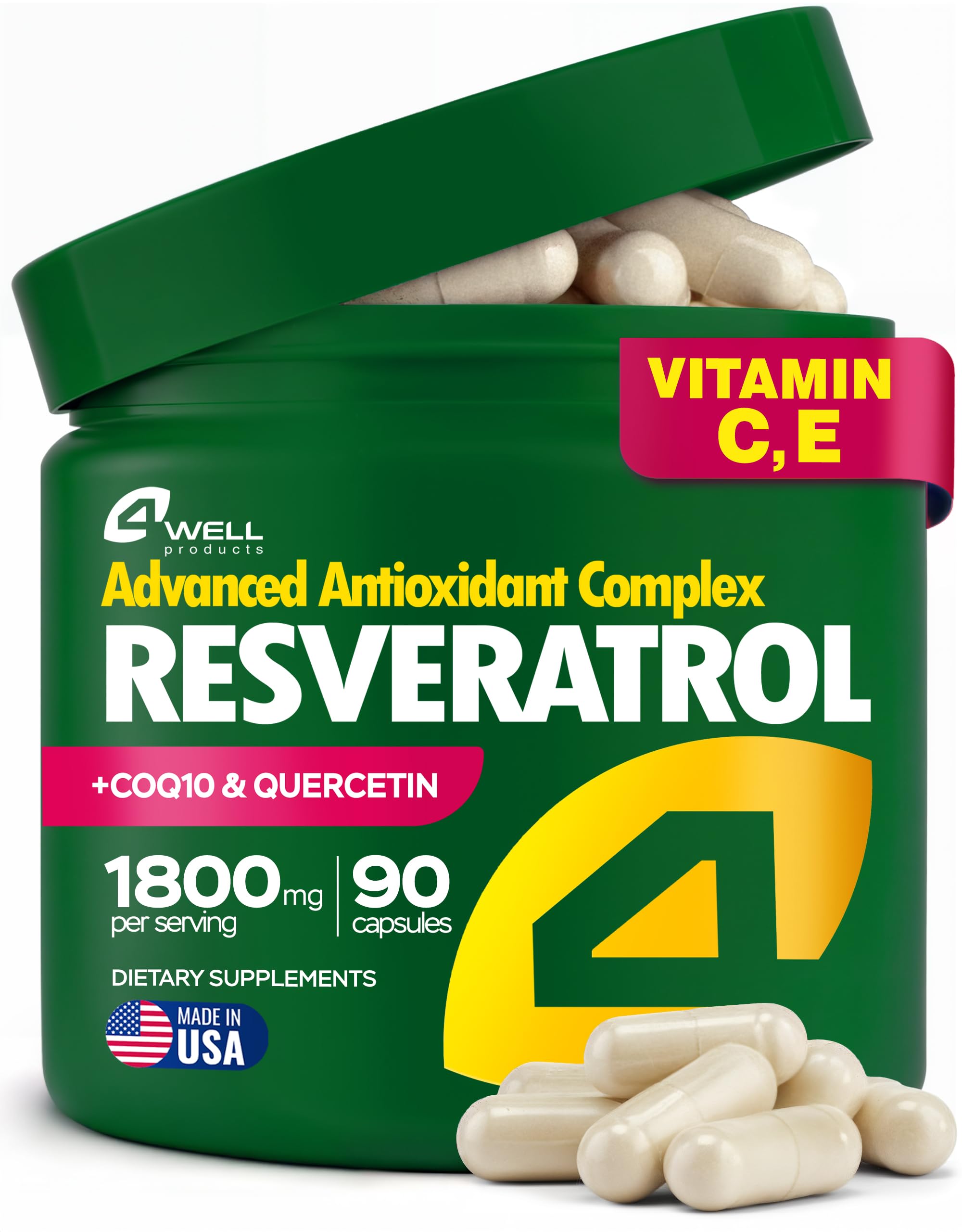 4Well Resveratrol bottle front shows the premium antioxidant formula for daily vitality