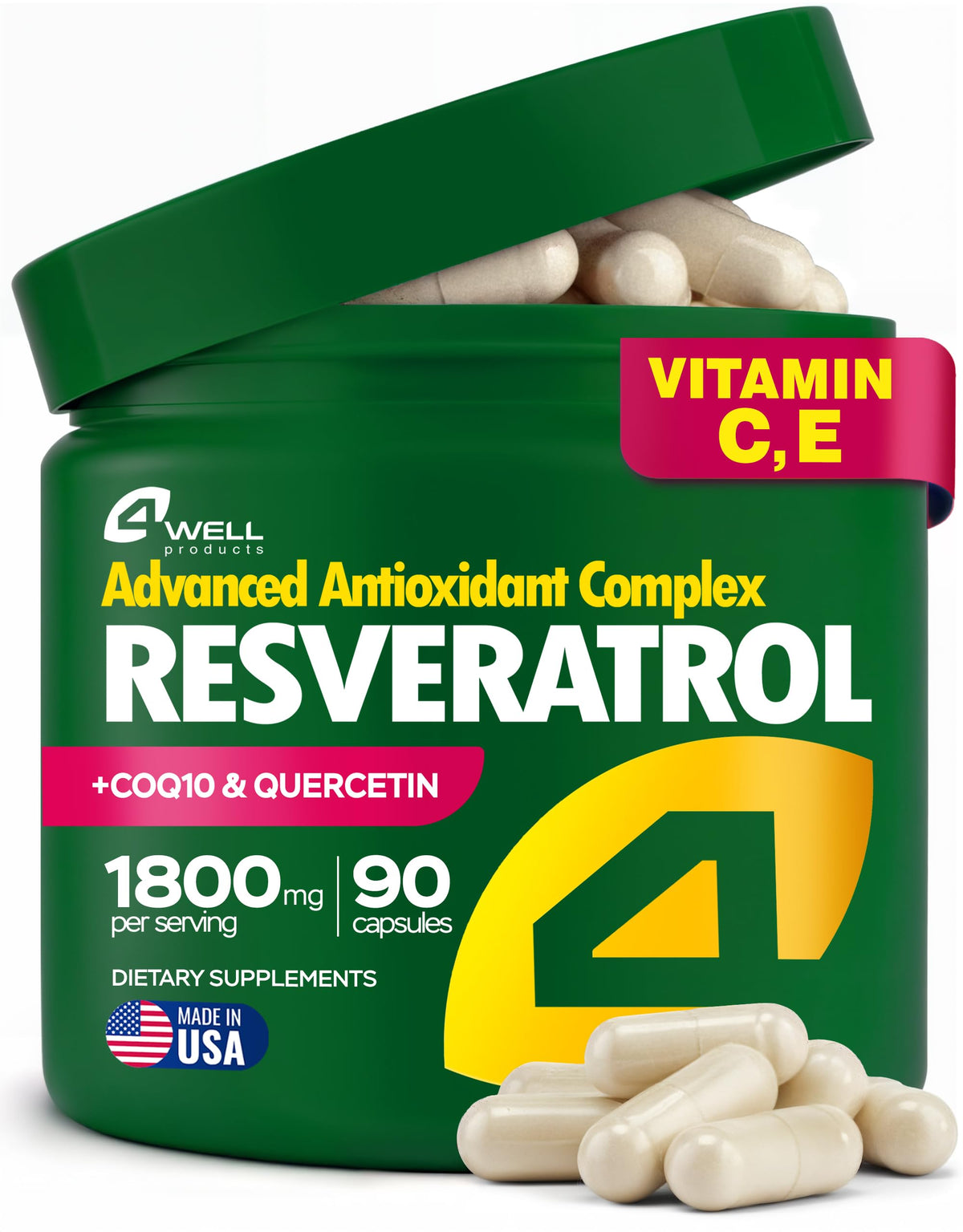 4Well Resveratrol bottle front shows the premium antioxidant formula for daily vitality
