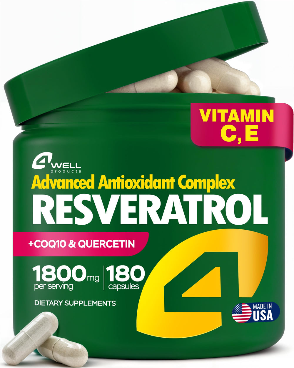 4Well Resveratrol bottle front view highlighting antioxidant formula
