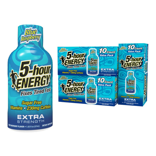 5-hour ENERGY blue raspberry shot bottle front for quick energy on the go