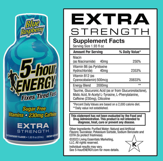 5-hour ENERGY blue raspberry shot pour action for fast alertness during busy mornings