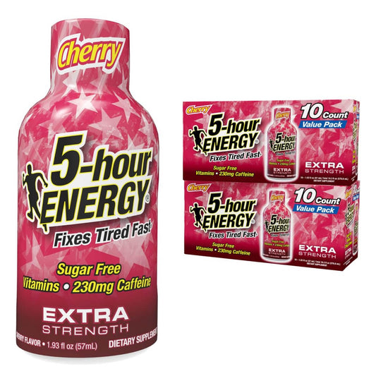 5-hour ENERGY Extra Strength Cherry Shot label highlights zero sugar and caffeine boost