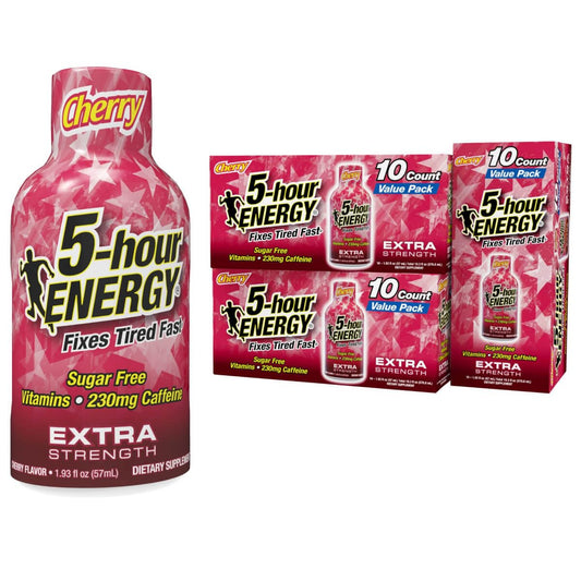 5-hour ENERGY Extra Strength Shot cherry bottle for steady energy throughout busy days.