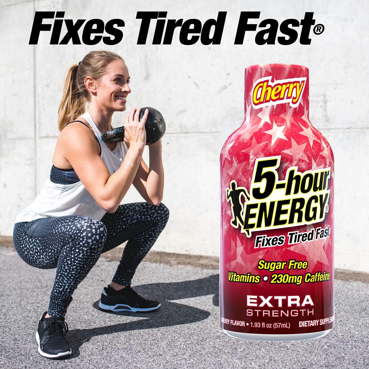 Close up of 5-hour ENERGY cherry shot label showing zero sugar and no calories.