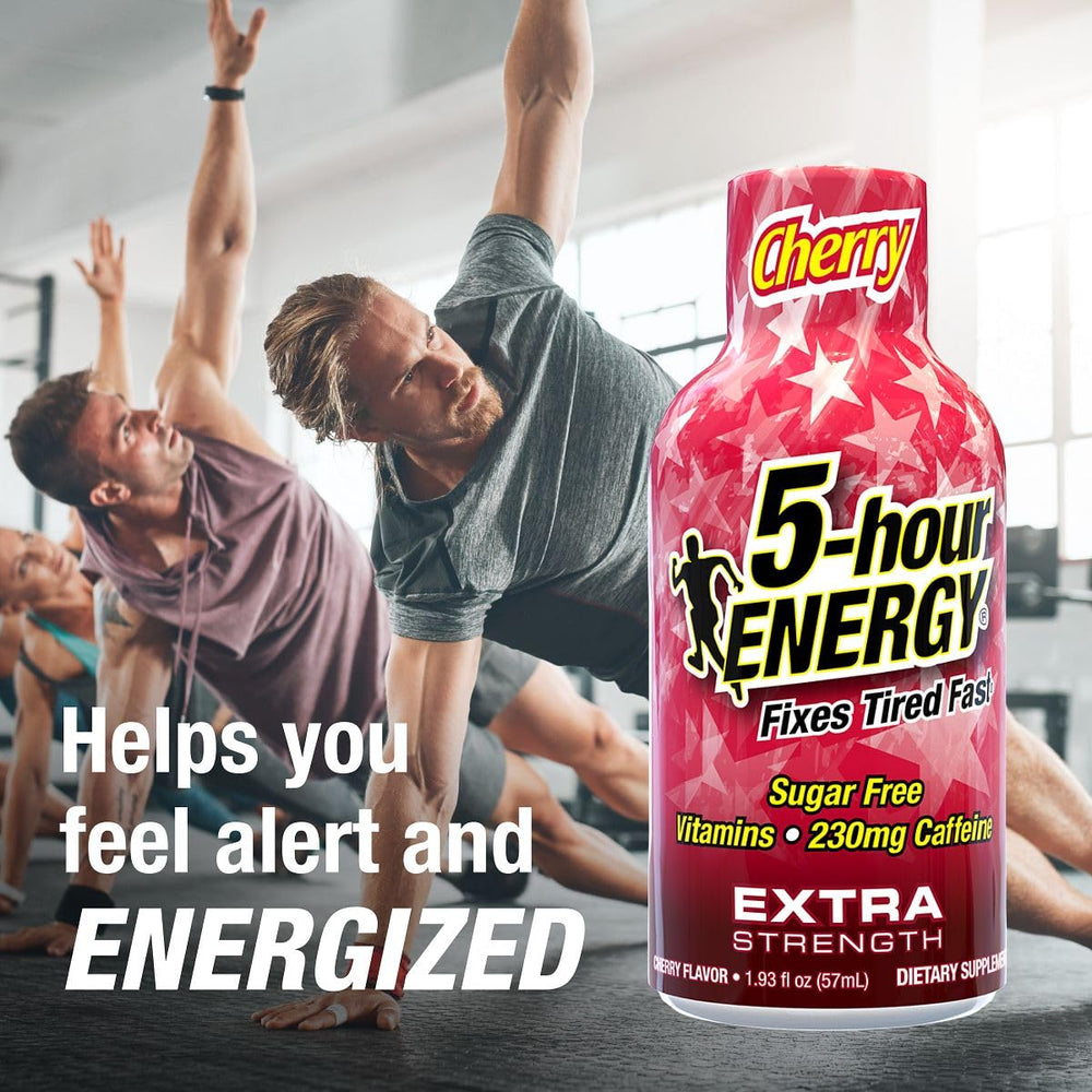 5-hour ENERGY cherry shot packaging designed for travel and quick use.