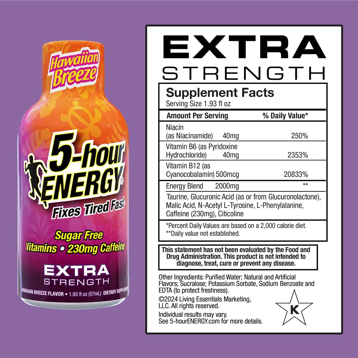 5-hour ENERGY Hawaiian Breeze bottle label highlights zero sugar and caffeine.
