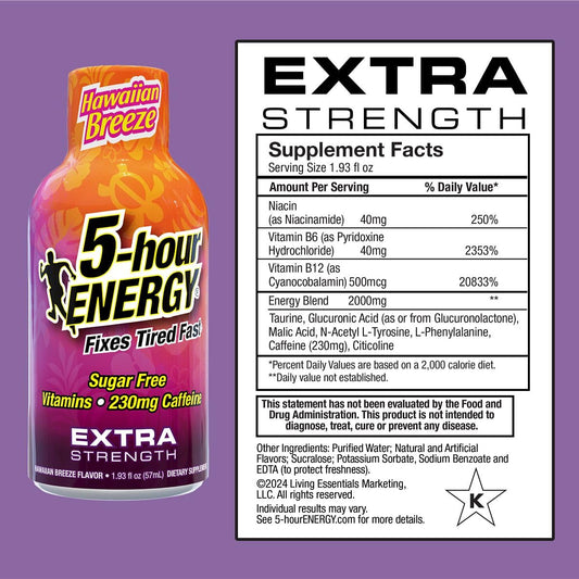 5-hour ENERGY Hawaiian Breeze bottle label highlights zero sugar and caffeine.