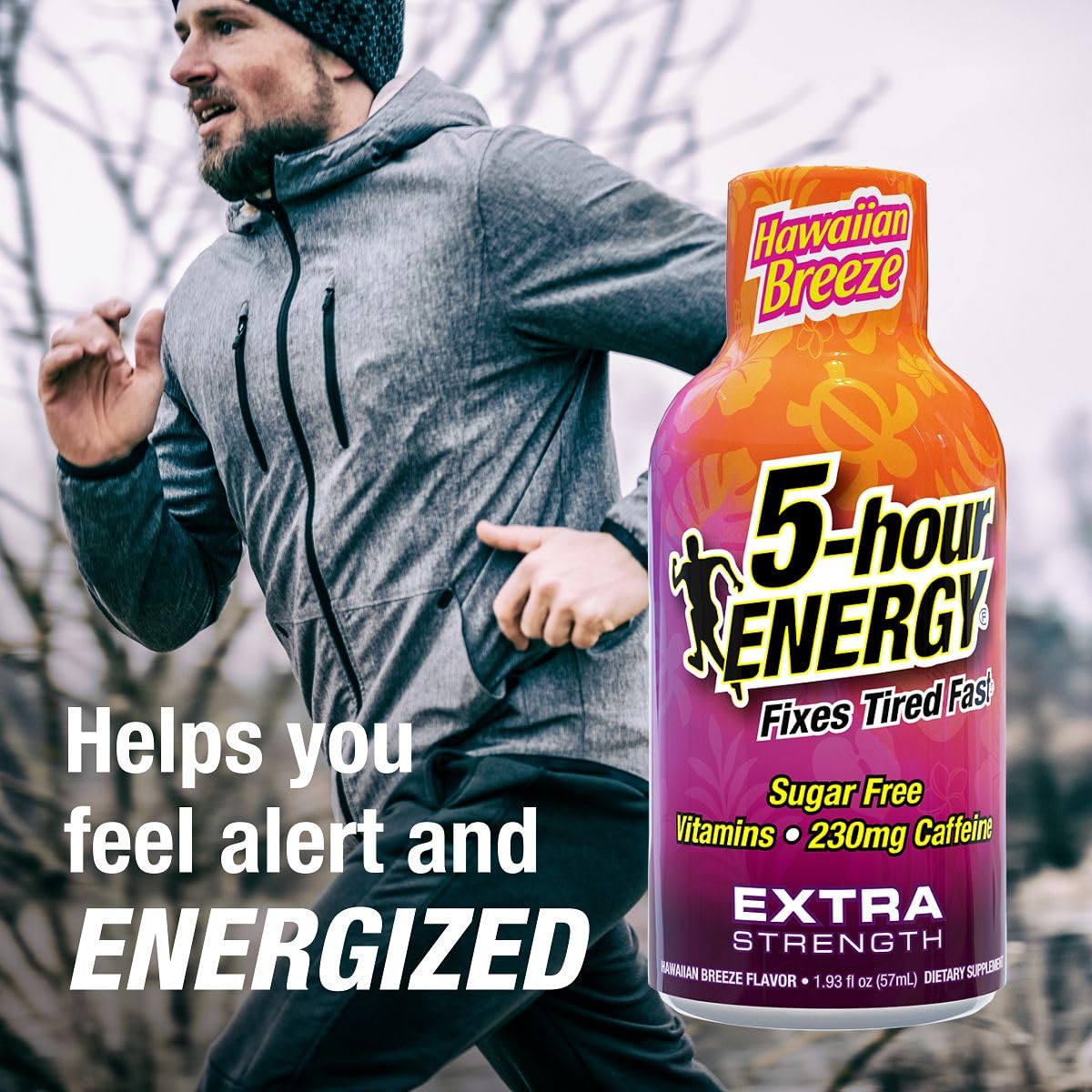 5-hour ENERGY Hawaiian Breeze pouring shot for on-the-go energy.