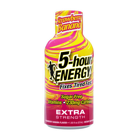 5-hour ENERGY Strawberry Banana extra strength shot bottle for a quick, zero-calorie energy boost.