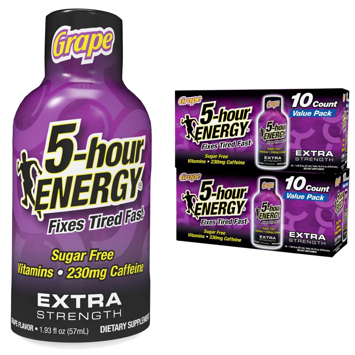 5-hour ENERGY grape shot bottle front highlights zero calories for on-the-go energy.