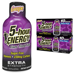 5-hour ENERGY grape shot bottle front highlights zero calories for on-the-go energy.