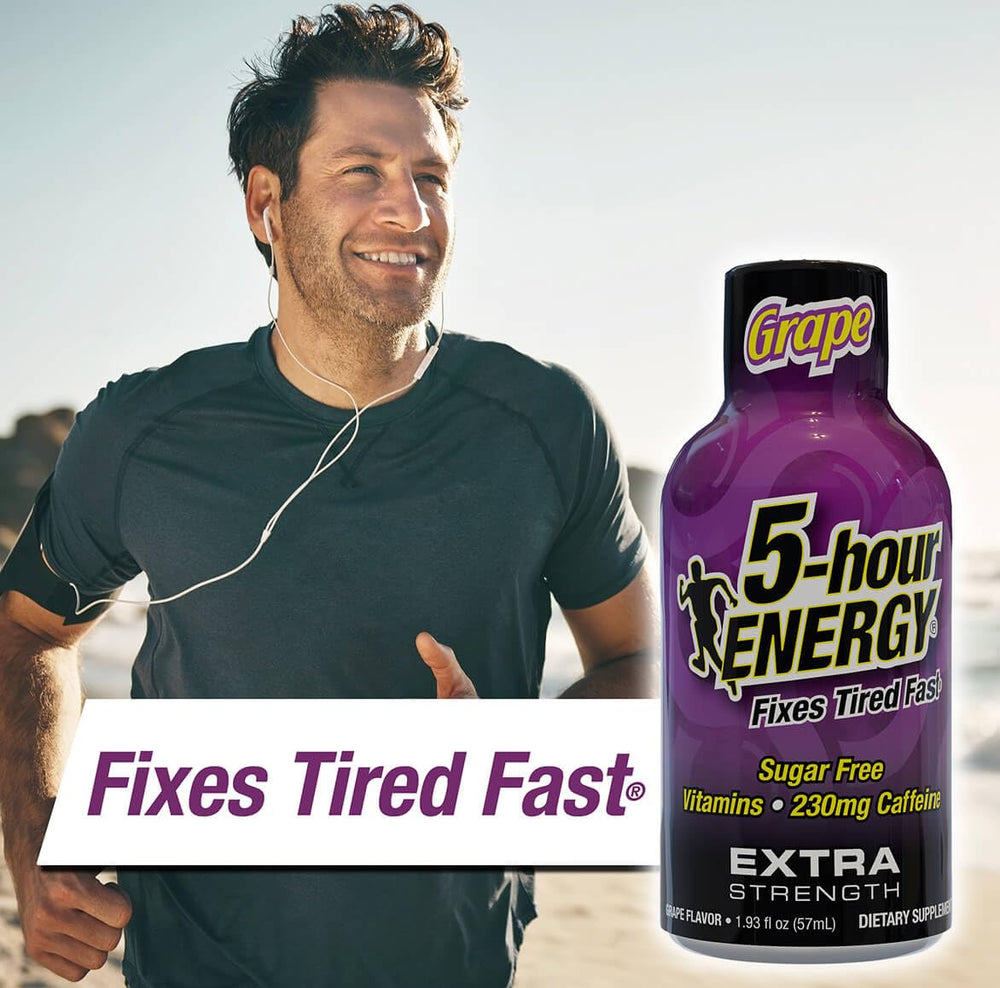 5-hour ENERGY grape shot packaging box showing compact, travel-friendly energy solution.