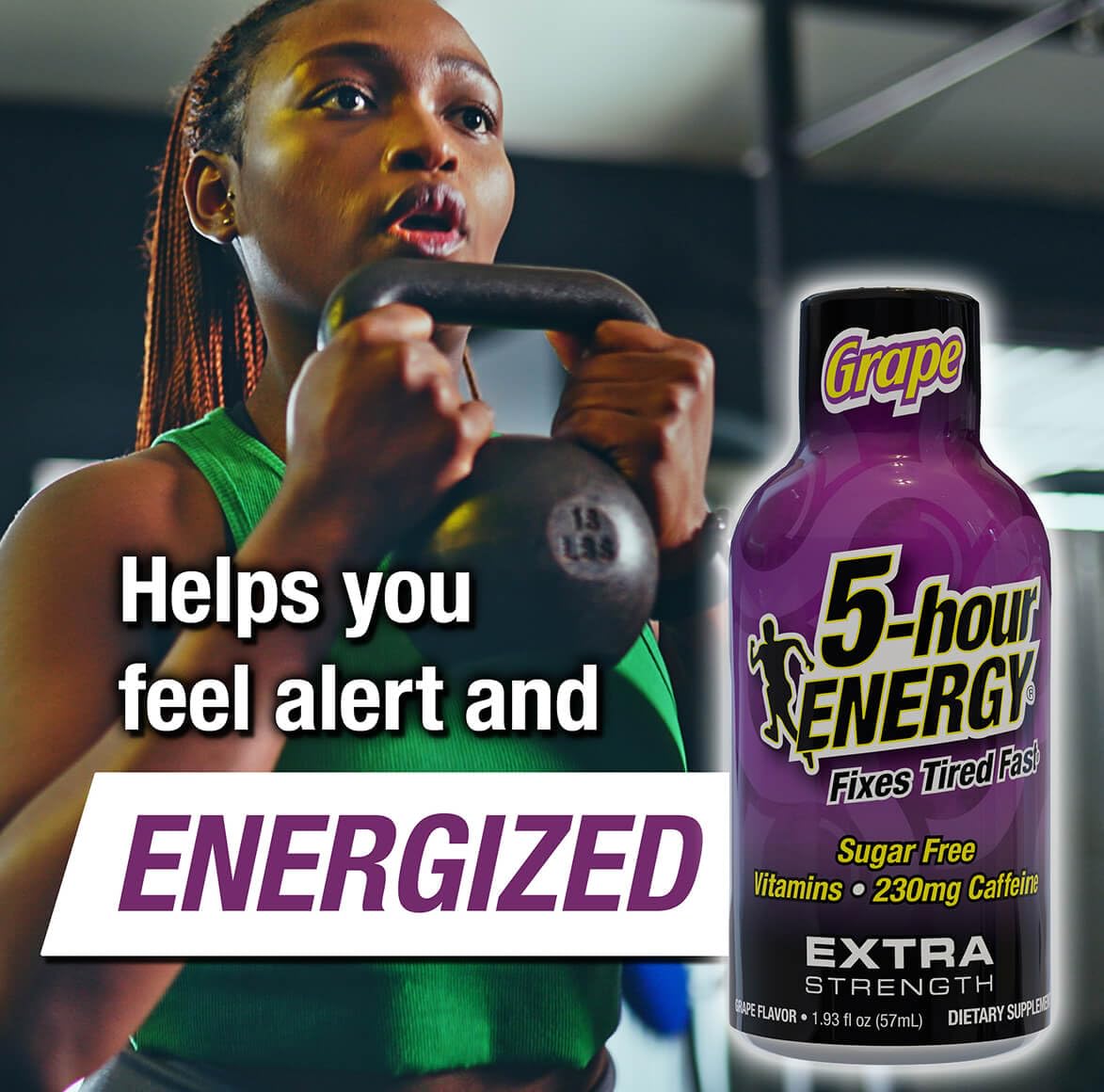 5-hour ENERGY grape shot in gym bag emphasizes portability.