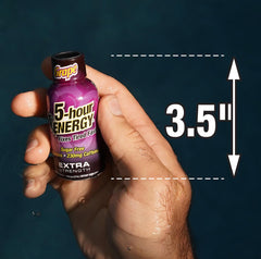 5-hour ENERGY grape shot label closeup highlights caffeine and vitamins.