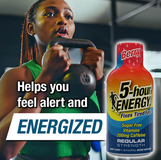 Pouring 5-hour ENERGY Berry shot to reveal smooth flavor and boost