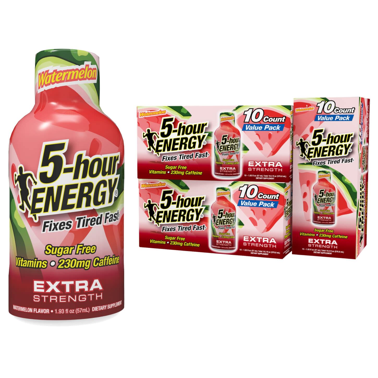 5-hour ENERGY watermelon shot bottle on table boosts daytime alertness and focus.