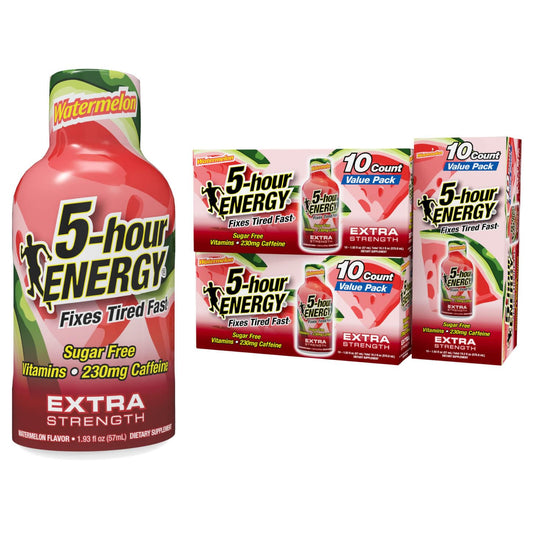 5-hour ENERGY watermelon shot bottle on table boosts daytime alertness and focus.