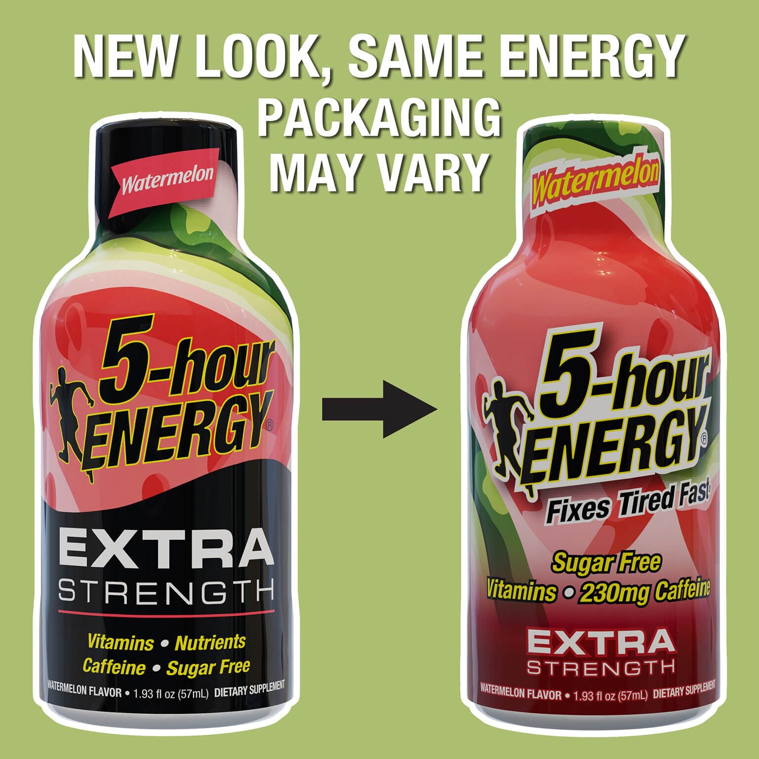5-hour ENERGY watermelon shot label closeup highlights caffeine and vitamins for sustained attention.