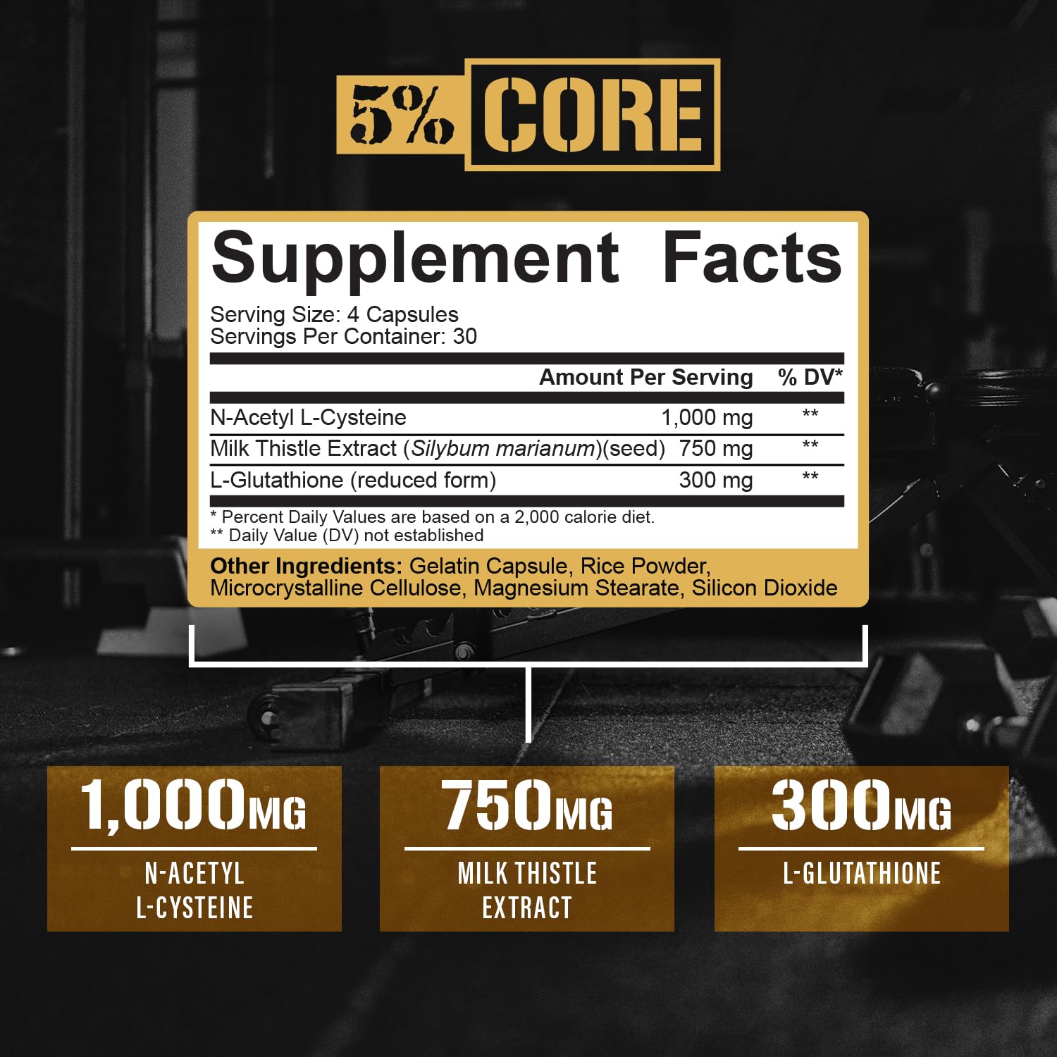 5% Nutrition Core Liver Support Glutathione bottle on shelf, boosts antioxidant defense