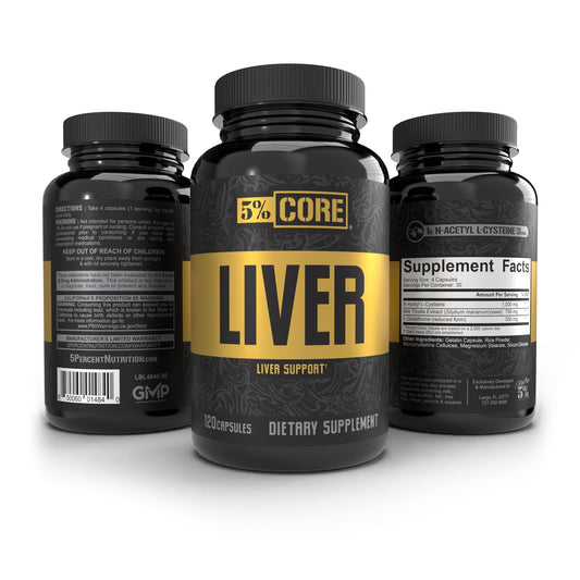 5% Nutrition Core Liver Support Milk Thistle bottle side view, promotes liver resilience after strenuous days