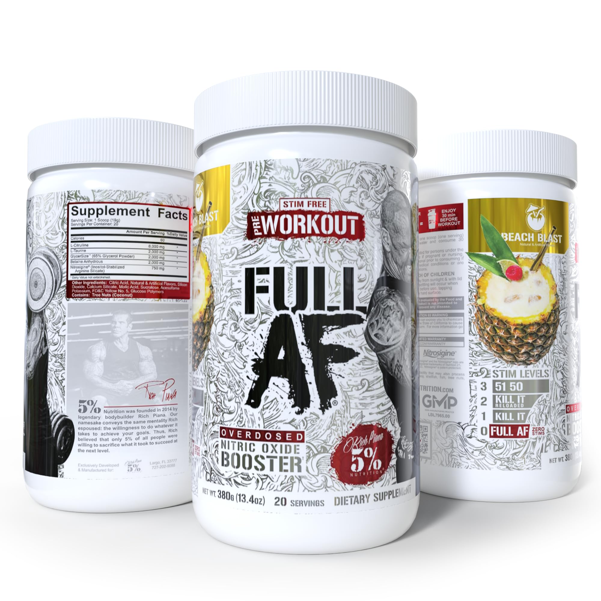 5% Nutrition FullAF Pre-Workout Beach Blast container open inviting quick dosing