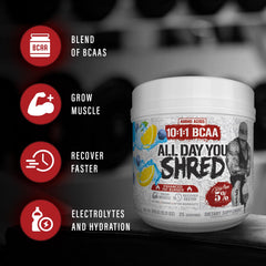 Closeup of AllDayYou Shred ingredients panel for caffeine and aminos